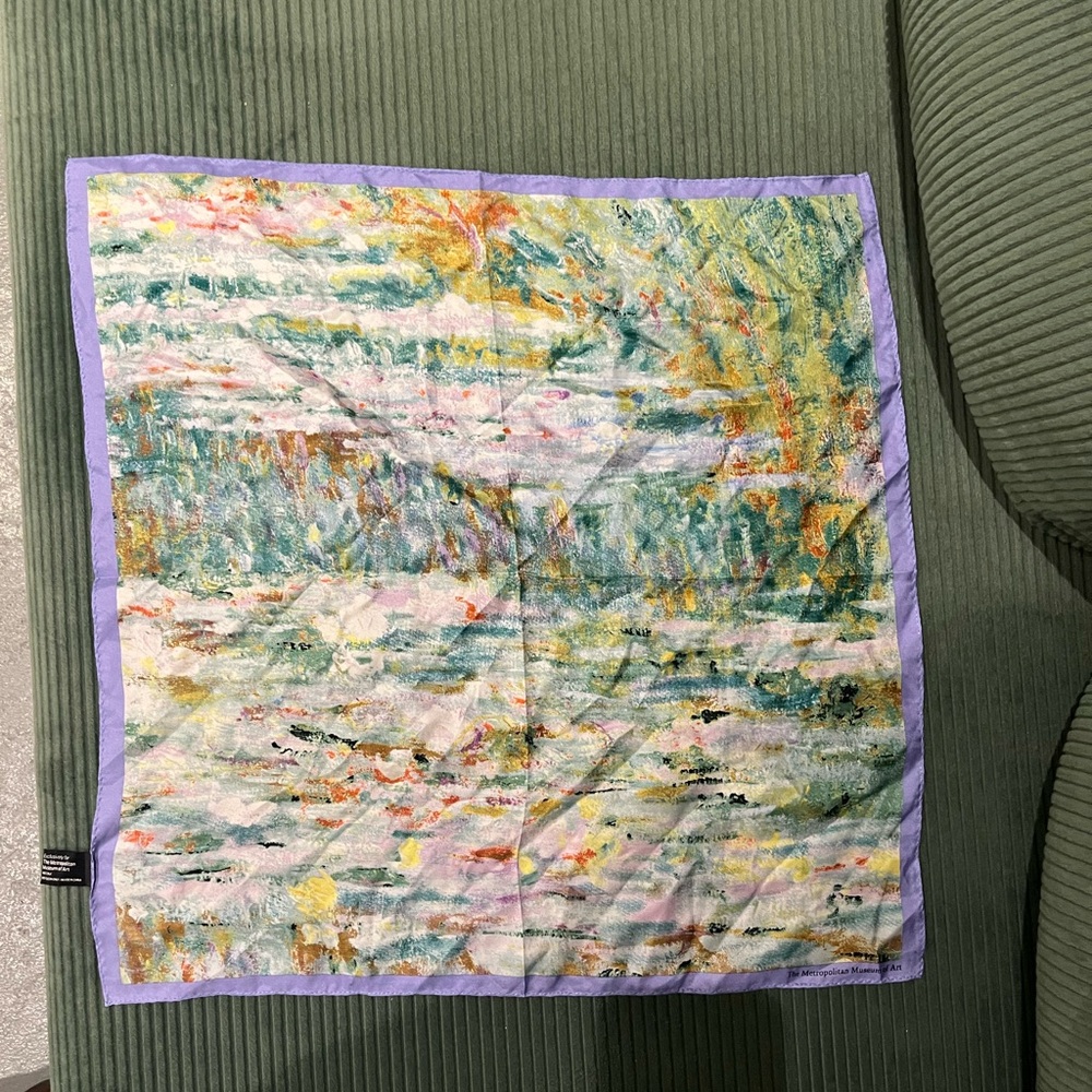 18” silk Monet painting Scarf with Purple Border